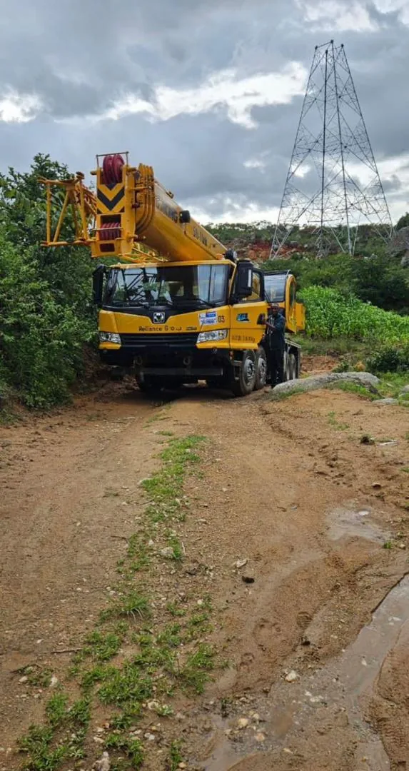 Truck-mounted crane working a transmission-tower site